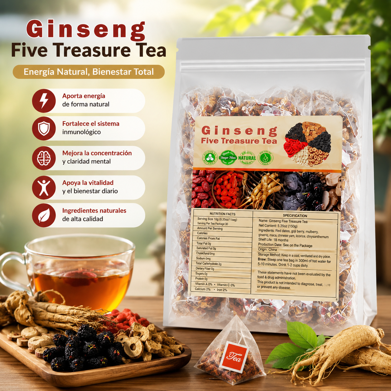 té de cinco tesoros con ginseng
